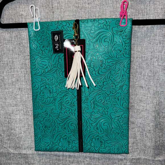 Makeup Junkie Handbags - Makeup Junkie Turquoise Dream Tooled Vegan Leather Flat Cosmetic Bag with Tassel